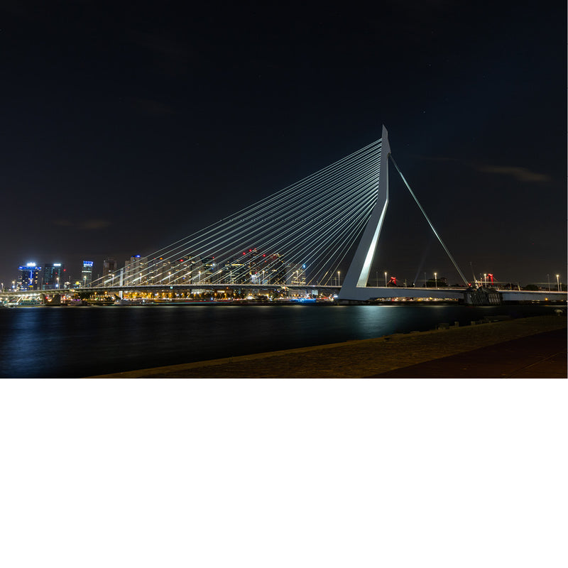 Verlichte Erasmusbrug met haar schuine pyloon en tuikabels tegen een donkere nachthemel, met de skyline van Rotterdam die in het water glinstert.
