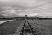Spoorlijn loopt recht naar het poortgebouw van Auschwitz, met een wijd grasveld onder een grijze wolkenlucht.