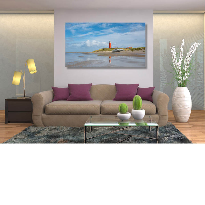 Texel, vuurtoren vanop het strand, reflectie vuurtoren in strandplas