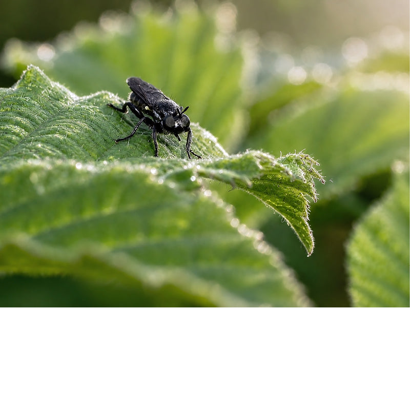 Een haarscherpe macrofoto van een glanzend zwart insect dat op een nat, frisgroen blad rust met een wazige, lichte achtergrond.