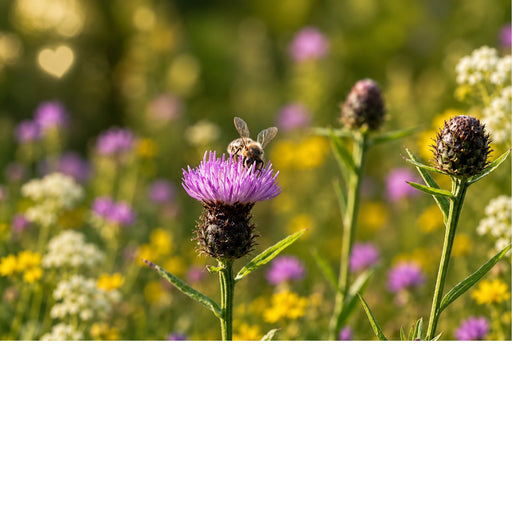 Een sfeervolle, met zonlicht overgoten foto van bijen die een felgele bloem bezoeken, met prachtige ronde bokeh op de achtergrond.
