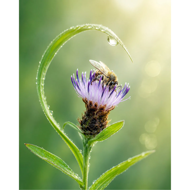 Een sprookjesachtige compositie waarbij een dauwdruppel-dragende grasspriet als een boog over een bij hangt die nectar zoekt op een knoopkruid.