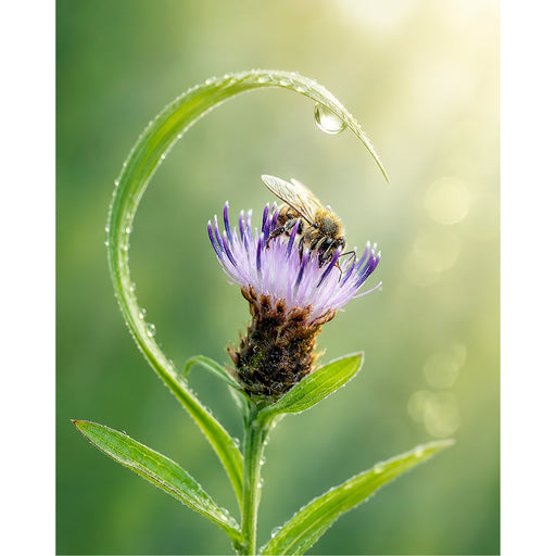 Een sprookjesachtige compositie waarbij een dauwdruppel-dragende grasspriet als een boog over een bij hangt die nectar zoekt op een knoopkruid.