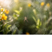Een prachtig en symmetrisch natuurbeeld van een wespspin (tijgerspin) met haar opvallende geel-zwarte strepen in een groot rond web.