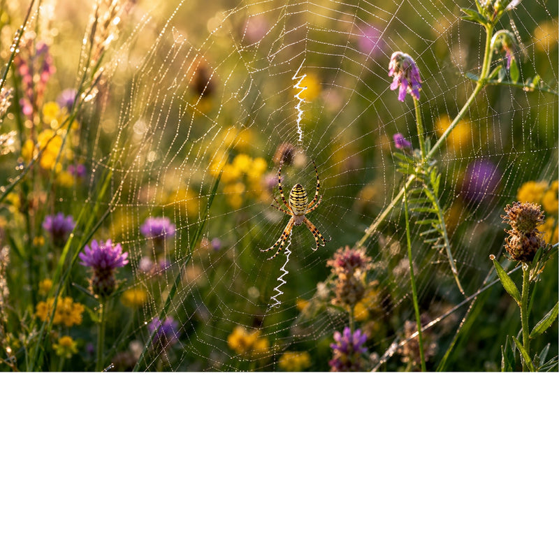 Een felgekleurde wespspin (ook wel tijgerspin) bewaakt haar grote ronde web in een zonnig grasveld. De gele en zwarte strepen tekenen prachtig af.