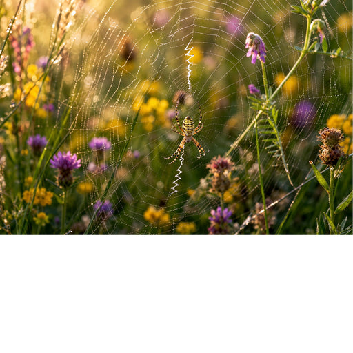 Een felgekleurde wespspin (ook wel tijgerspin) bewaakt haar grote ronde web in een zonnig grasveld. De gele en zwarte strepen tekenen prachtig af.
