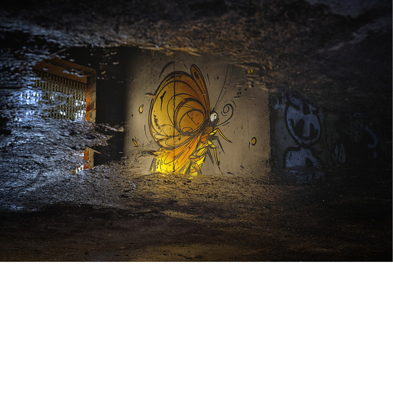 Graffitivlinder in een vervallen gebouw. Spel van licht en kleuren 