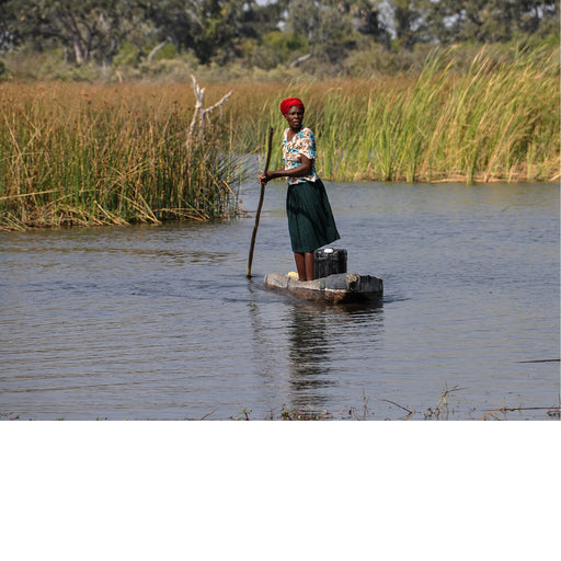 Prachtig beeld van een local met een mokoro in de okango Delta in Botswana.