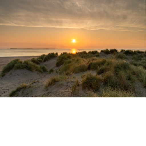 Zon komt op boven de zee bij Texel, met duingras en zandduinen op de voorgrond en een wolkenlucht in warme tinten.