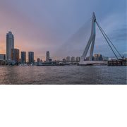 Erasmusbrug tekent zich af tegen een roze avondlucht boven de skyline van Rotterdam, met de rivier ervoor.