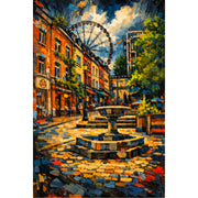 Dit expressieve schilderij vangt de rauwe, authentieke sfeer van de Brusselse Marollen in de karaktervolle Rue de l'Epée. Met levendige penseelstreken en een krachtig kleurenpalet van diepe blauwen, warme aardetinten en speelse accenten, brengt het kunstwerk een typisch stukje Brussel tot leven.