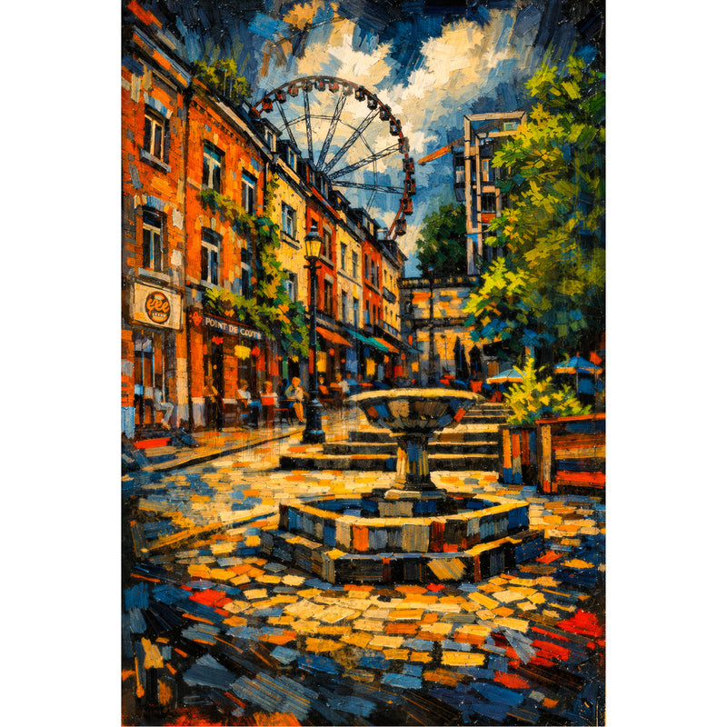 Dit expressieve schilderij vangt de rauwe, authentieke sfeer van de Brusselse Marollen in de karaktervolle Rue de l'Epée. Met levendige penseelstreken en een krachtig kleurenpalet van diepe blauwen, warme aardetinten en speelse accenten, brengt het kunstwerk een typisch stukje Brussel tot leven.