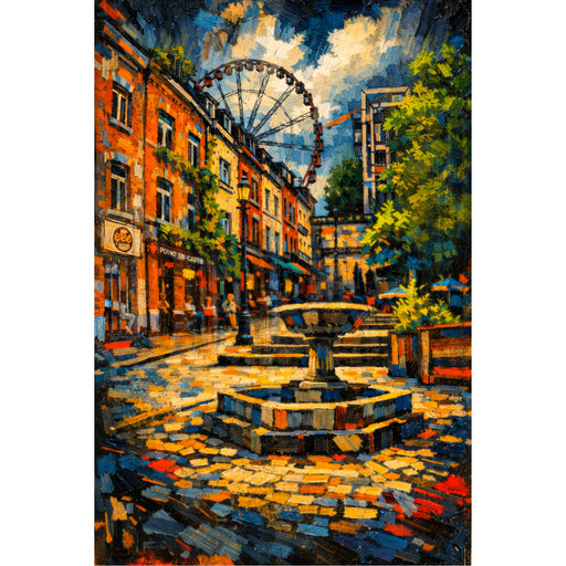 Dit expressieve schilderij vangt de rauwe, authentieke sfeer van de Brusselse Marollen in de karaktervolle Rue de l'Epée. Met levendige penseelstreken en een krachtig kleurenpalet van diepe blauwen, warme aardetinten en speelse accenten, brengt het kunstwerk een typisch stukje Brussel tot leven.