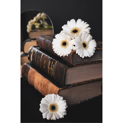 Stilleven van stapel wetboeken met reflectie in spiegel en witte margrieten