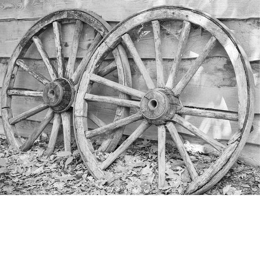 zwart-wit foto van houten wielen leunend tegen een schuur in de herfst
