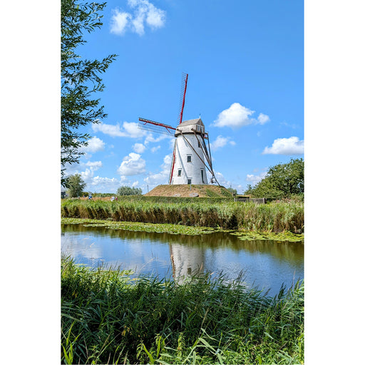 Langs de Damse Vaart staat een mooie, oude windmolen, die heerlijk reflecteert in het water.