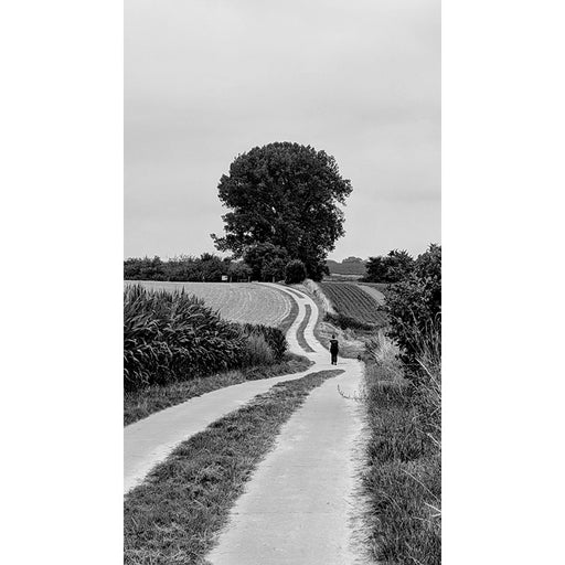 Een wandelaar op een golvend, slingerend pad.