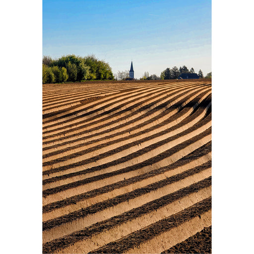 De lijnen van het pas geploegde veld lijken te leiden naar het kerkje in de verte.