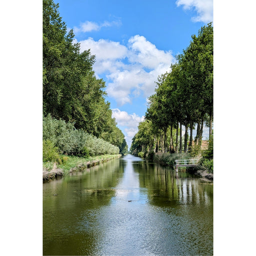 Vanop het brugje in Damme heb je een heerlijk zicht op de Damse Vaart, afgezet met bomen.