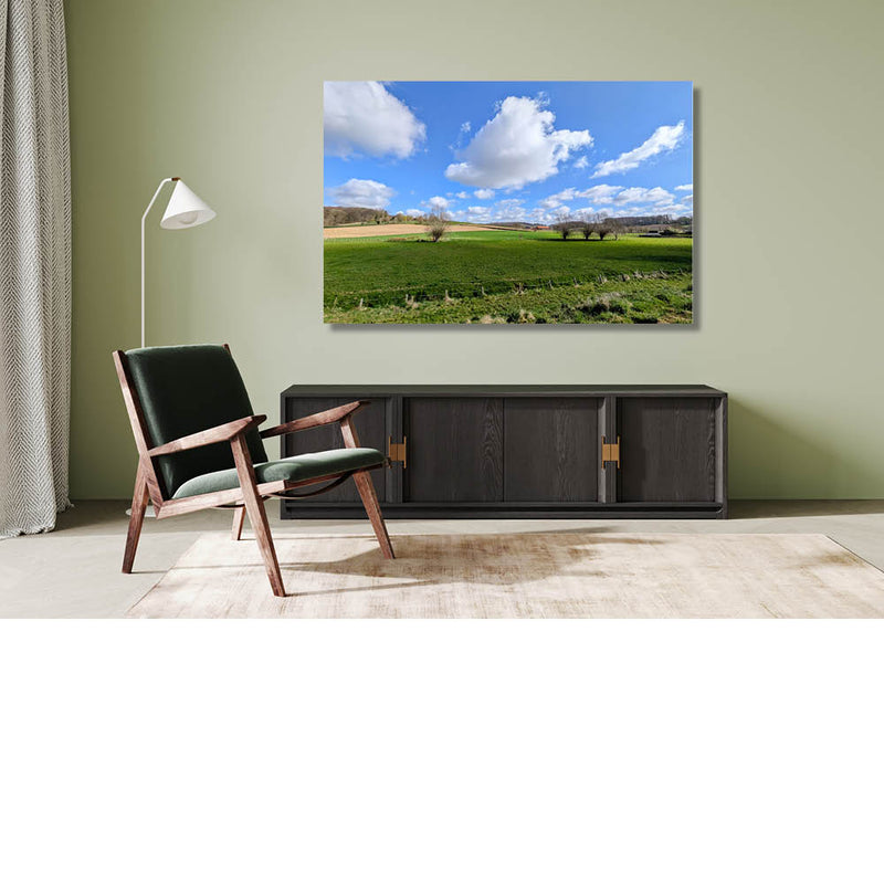 Landschap van blauw, wit en groen