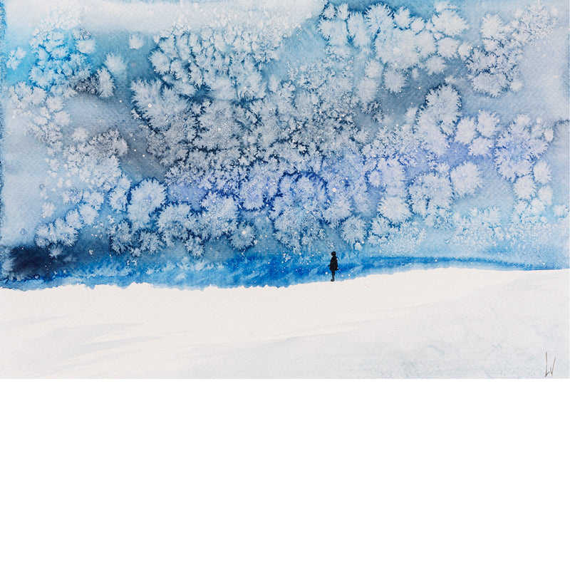 De silhouet kijkt uit op een ijzige storm - Aquarel op zuurvrij papier.