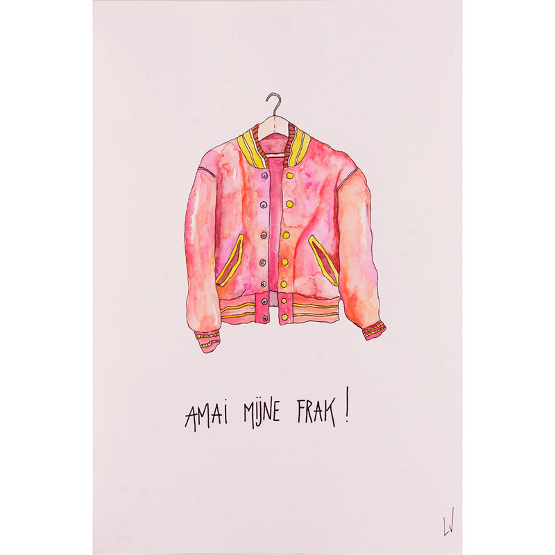 Een stoere roze jas - Aquarel op zuurvrij papier.