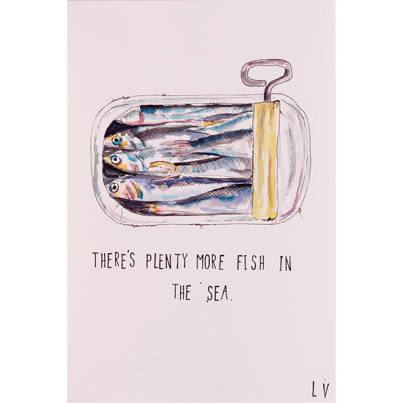 Sardientjes in een blik, maar There's plenty more fish in the sea - Aquarel op zuurvrij papier.