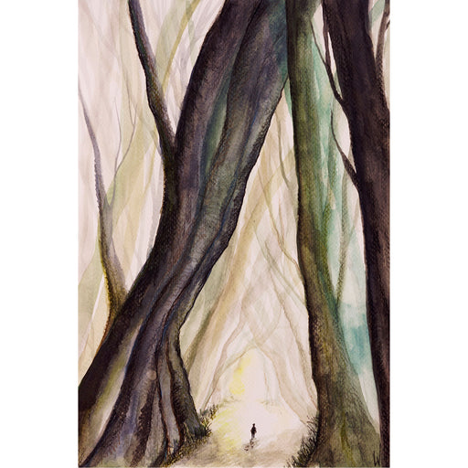 Alleen onder de grote bomen in het bos - Aquarel op zuurvrij papier.