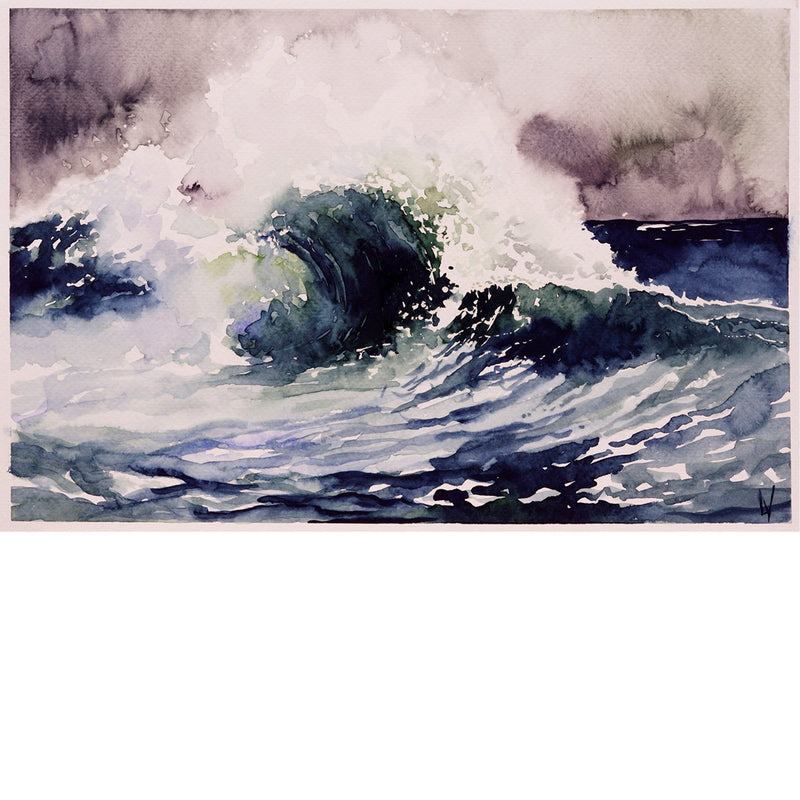 Een straffe golf in de zee - Aquarel op zuurvrij papier.