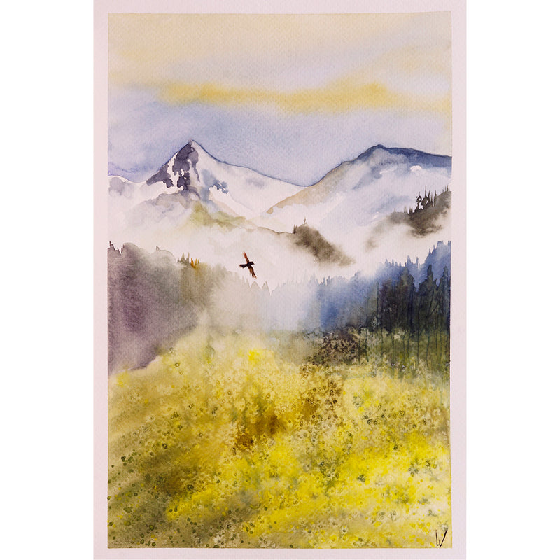 Deze roofvogel zoekt zijn prooi in de bergen - Aquarel op zuurvrij papier.