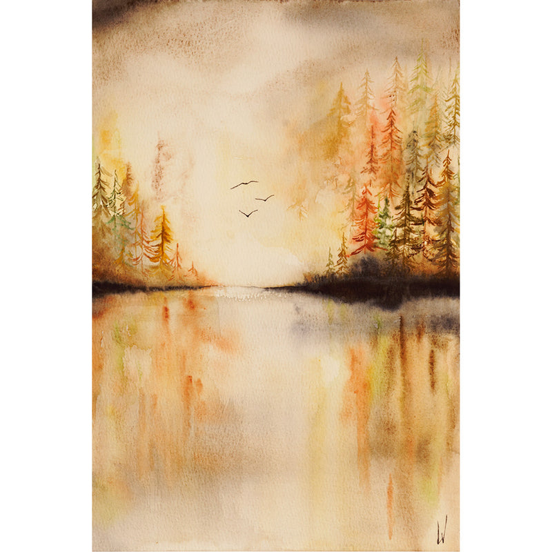 Een warme, sfeervolle blik op een meer - Aquarel op zuurvrij papier.