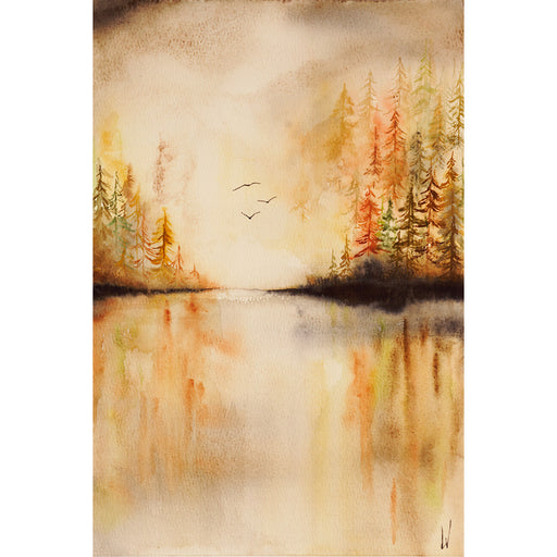 Een warme, sfeervolle blik op een meer - Aquarel op zuurvrij papier.