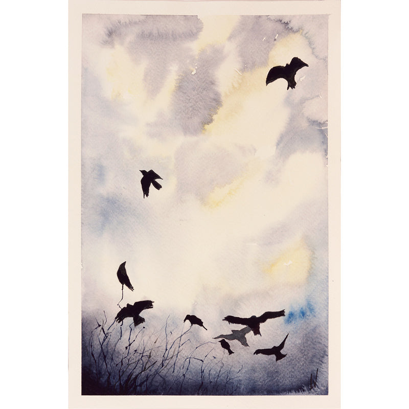 Deze vogels vliegen altijd met hun vrienden  - Aquarel op zuurvrij papier.