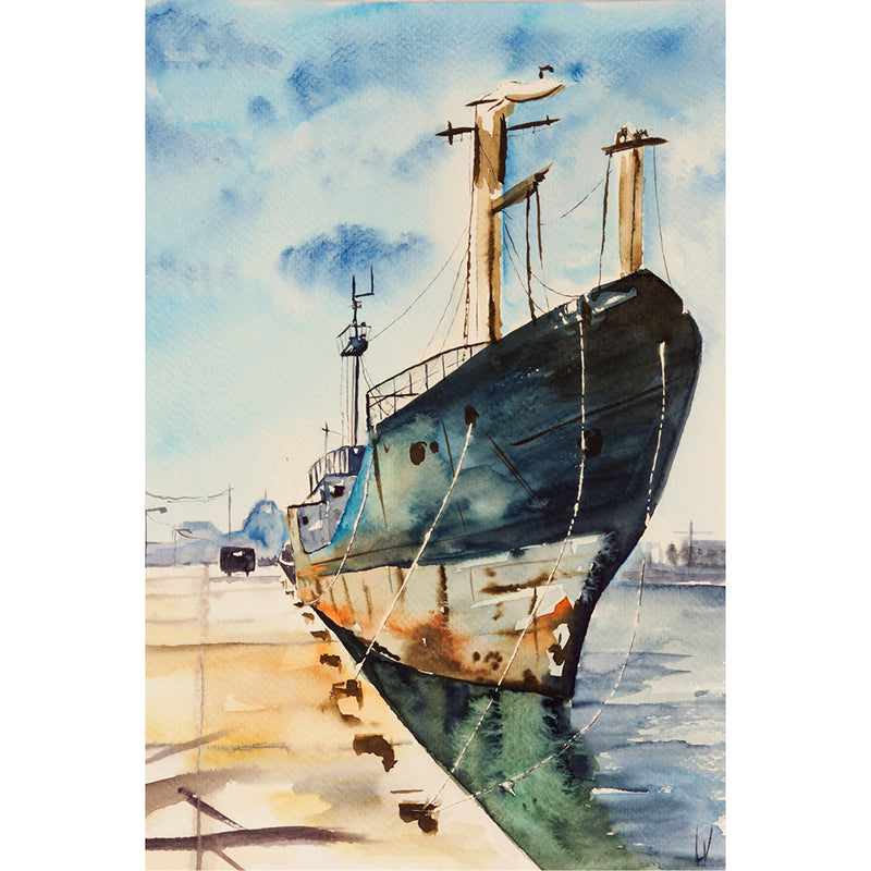 Het schip ligt aan de kade en is klaar voor vertrek - Aquarel op zuurvrij papier.