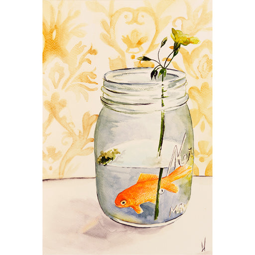 Een vrolijk tafereeltje van een goudvis in een mayonaisepot - Aquarel op zuurvrij papier.