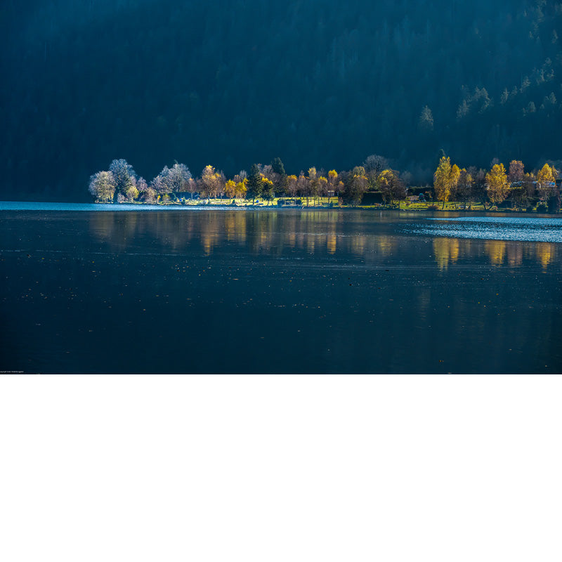 Een ijsblauw meer in de Vogezen met mooie weerspiegeling van de bomen.
