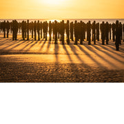 De paalhoofden op het strand langs de Opaalkust lijken wel soldaten  die hun schaduw werpen door de zon.