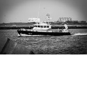Patrouilleboot SPN-09 vaart met een witte boeggolf de haven van Oostende uit, met meeuwen en appartementsblokken op de achtergrond.