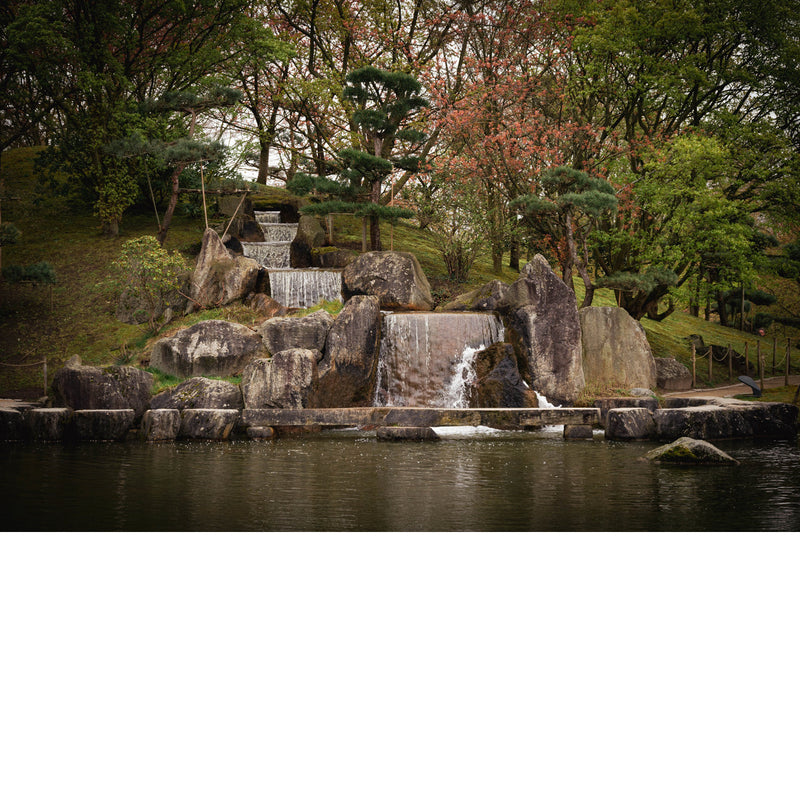 Trapsgewijze waterval tussen grote rotsblokken en gesnoeide dennen, die uitkomt in een stille vijver in de Japanse tuin van Hasselt.