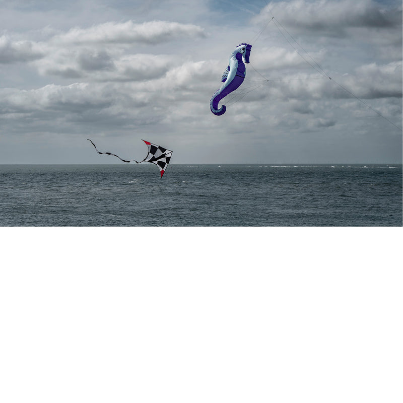 Windvliegers en wolkjes boven zee 