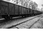 Zwart-witfoto van een lange rij wagons op een industriële spoorlijn.