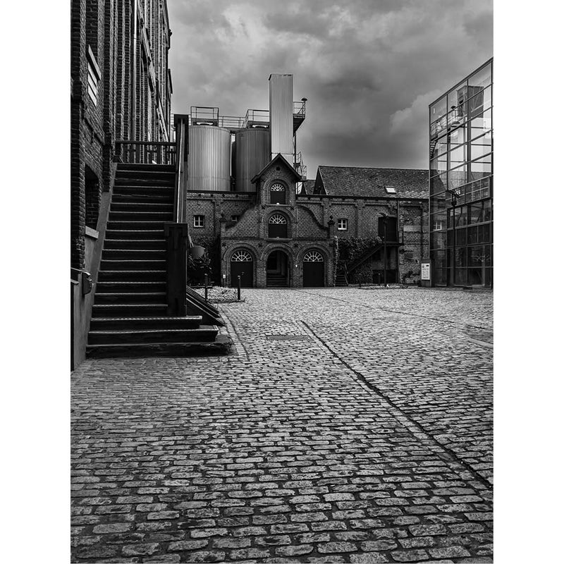 Zwart-witfoto van een fabriek met oude bakstenen gebouwen en moderne silo’s, onder een dreigende lucht