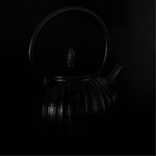 De foto toont een donkere gietijzeren theepot die subtiel uit een volledig zwarte achtergrond naar voren komt. 