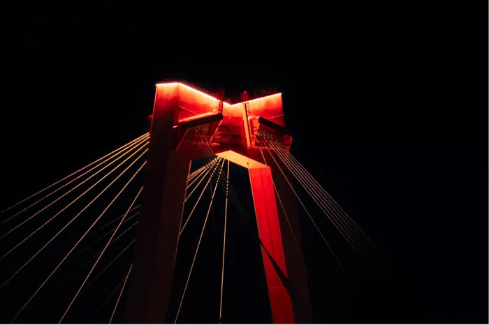 Rood verlichte pyloon van de Willemsbrug met tuikabels, van onderen gezien tegen een zwarte nachthemel