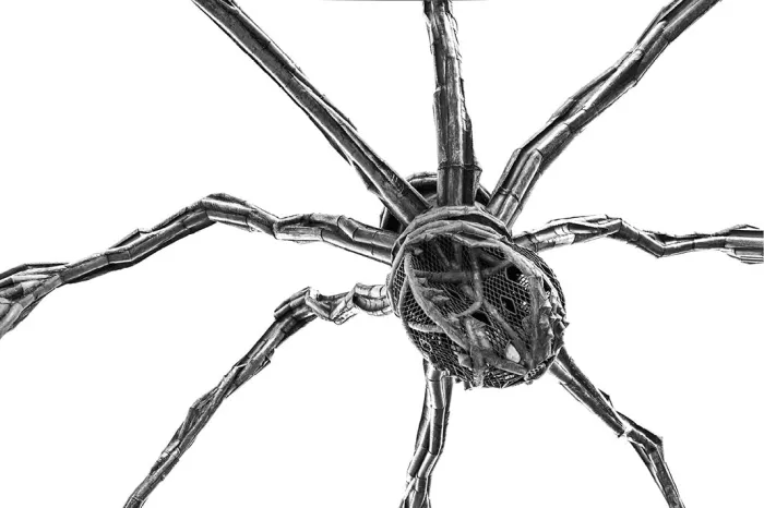Reusachtige metalen spinsculptuur van onderen gezien, met lange geknikte poten tegen een witte achtergrond