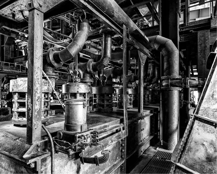 Gebogen buizen, kleppen en roestige stalen steunen in een oude industriële installatie