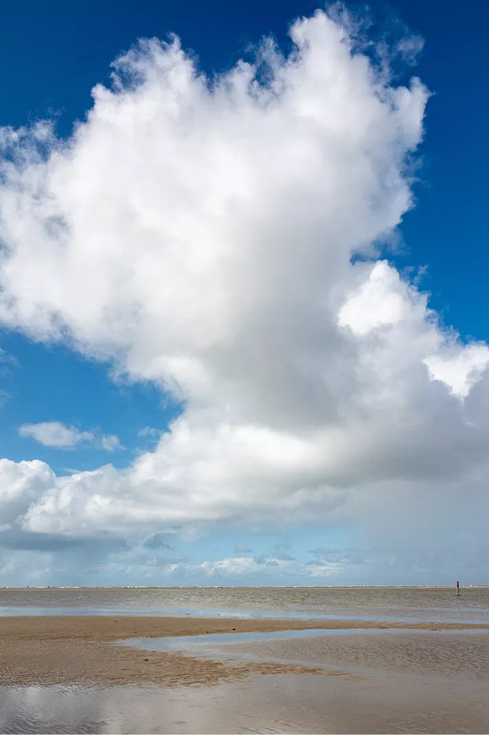 Hoge witte stapelwolk in een diepblauwe lucht boven een nat strand bij laag water