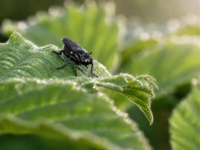 Een haarscherpe macrofoto van een glanzend zwart insect dat op een nat, frisgroen blad rust met een wazige, lichte achtergrond.