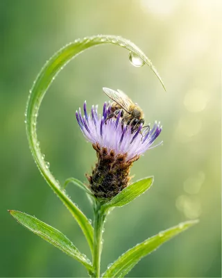 Bij omarmd door een gekrulde grasspriet, de foto