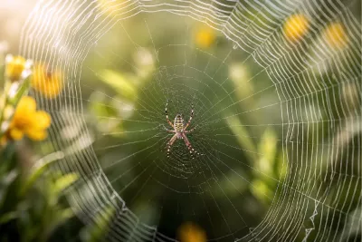 Kleurrijke wespspin in het hart van haar web, de foto